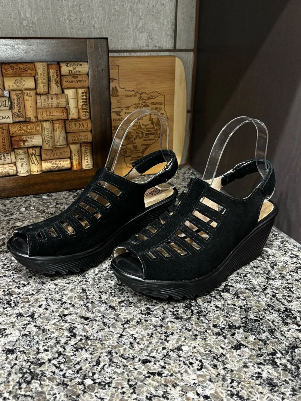 Skechers Black Suede Cut Out Wedge Sandals Size 7